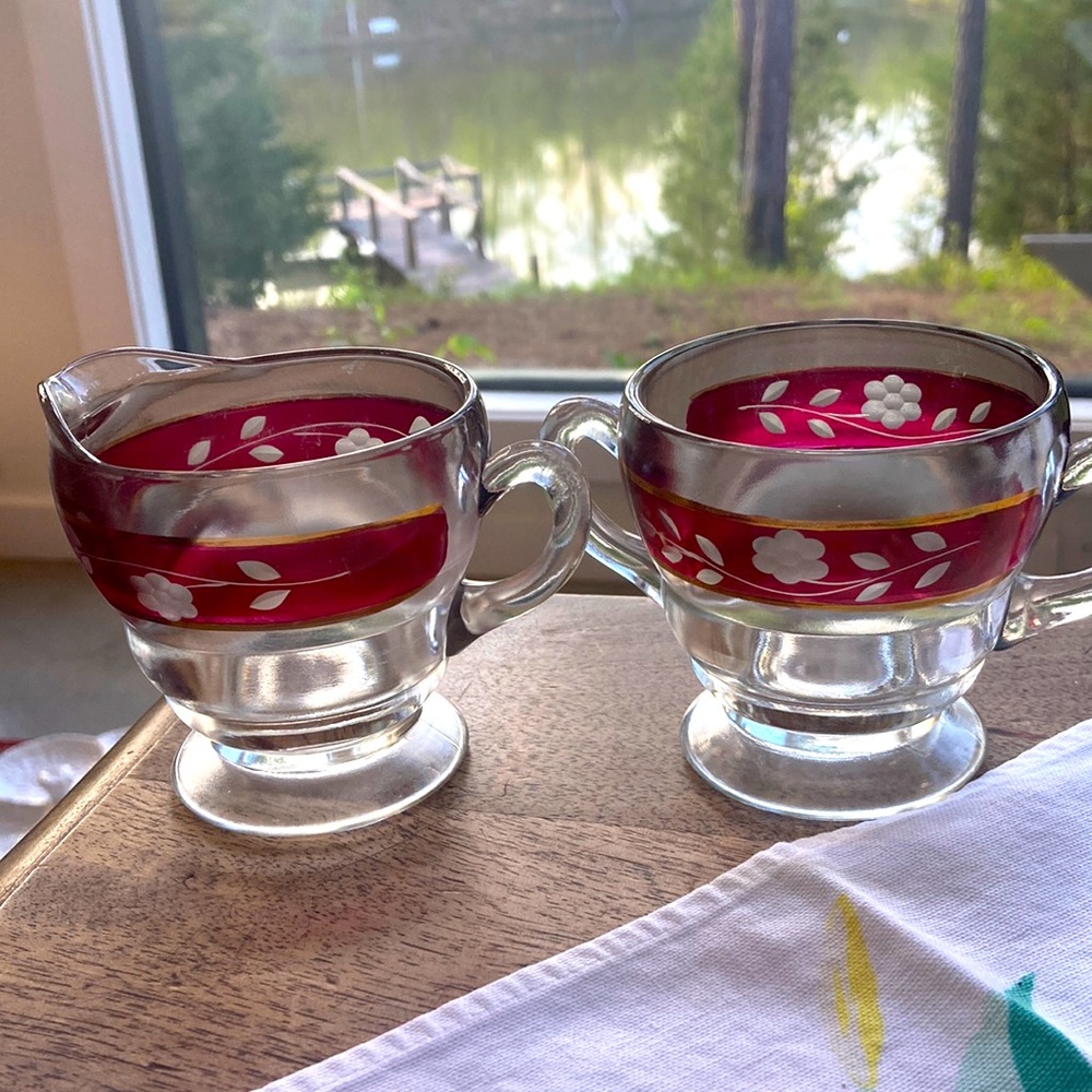Bartlett Collins vintage etched nouveau Clear and red Glass Creamer & Sugar Set